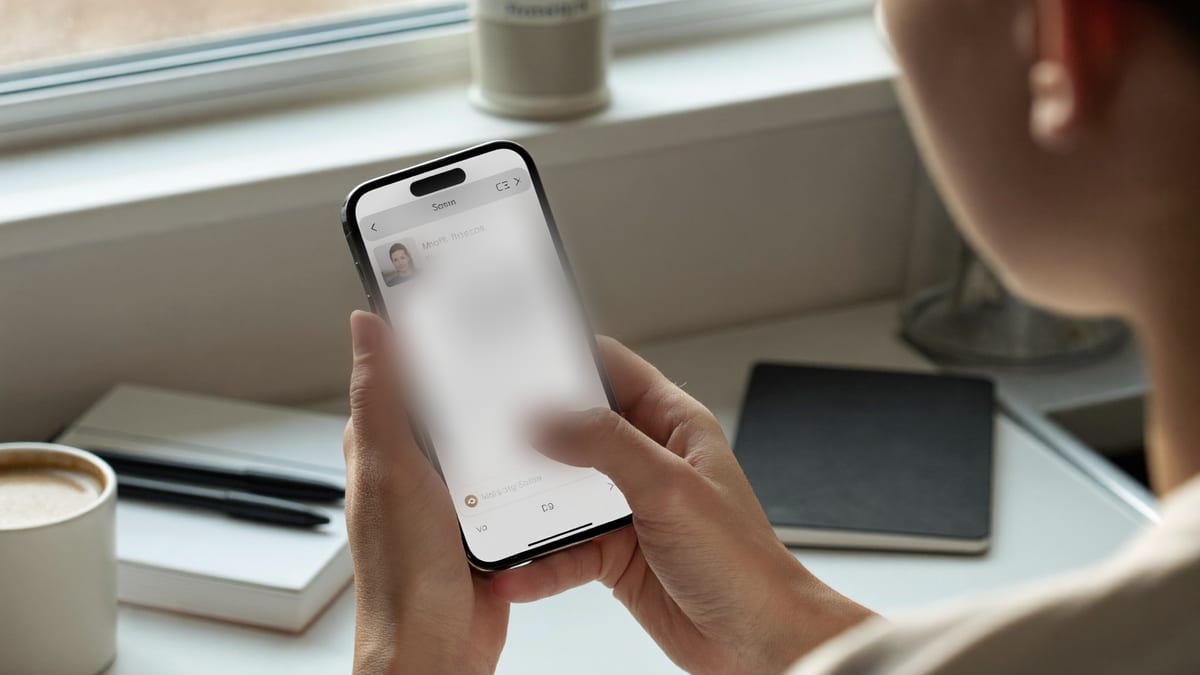 A person sharing a link from their phone at a kitchen counter