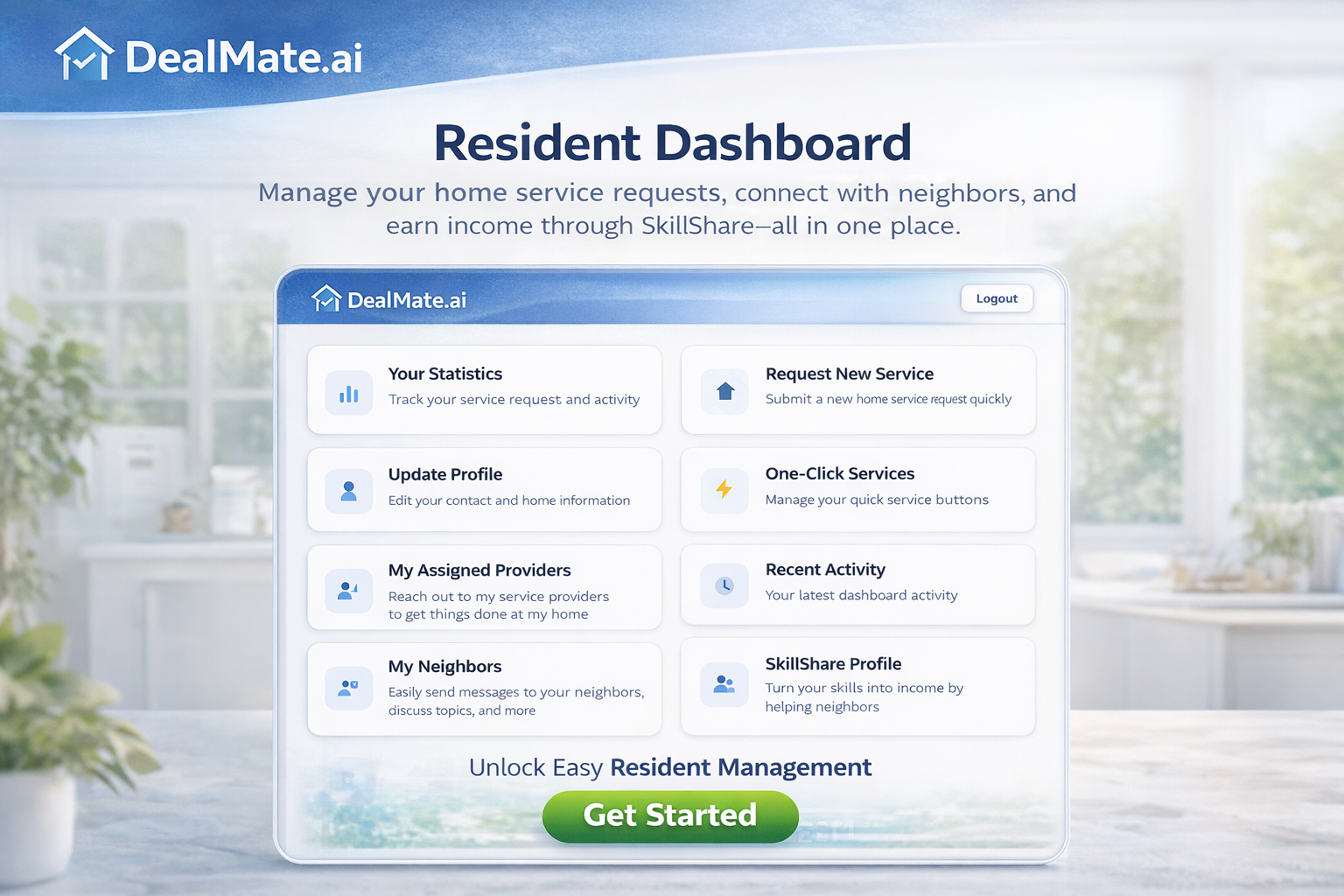 Resident Dashboard preview showing home services, MyHomeInbox, and SkillShare
