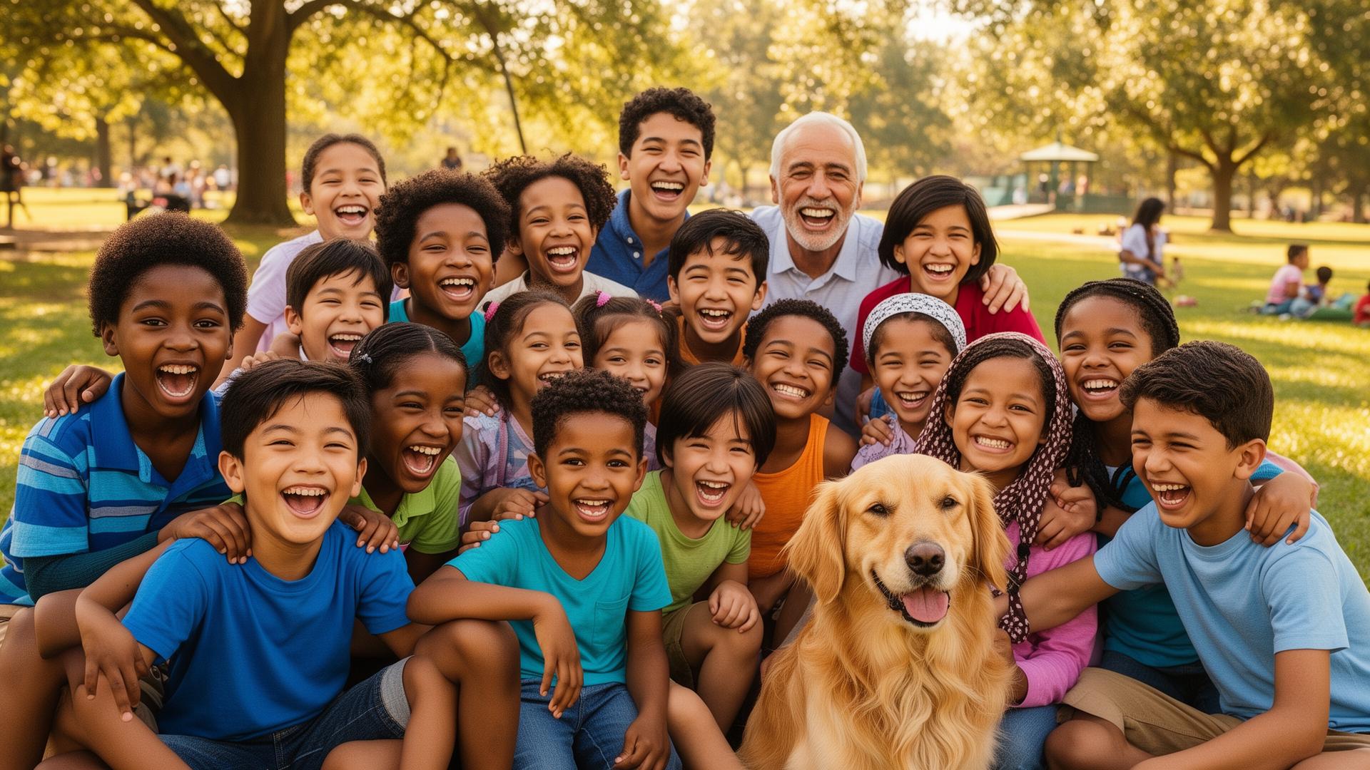 A joyful, diverse group of kids and families laughing together at a community park