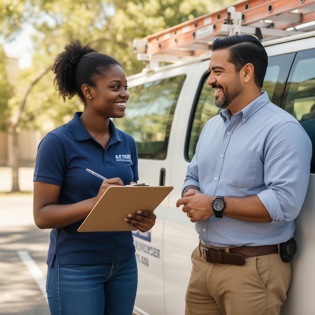 A young intern smiling with a clipboard while learning from a service business owner beside a work van