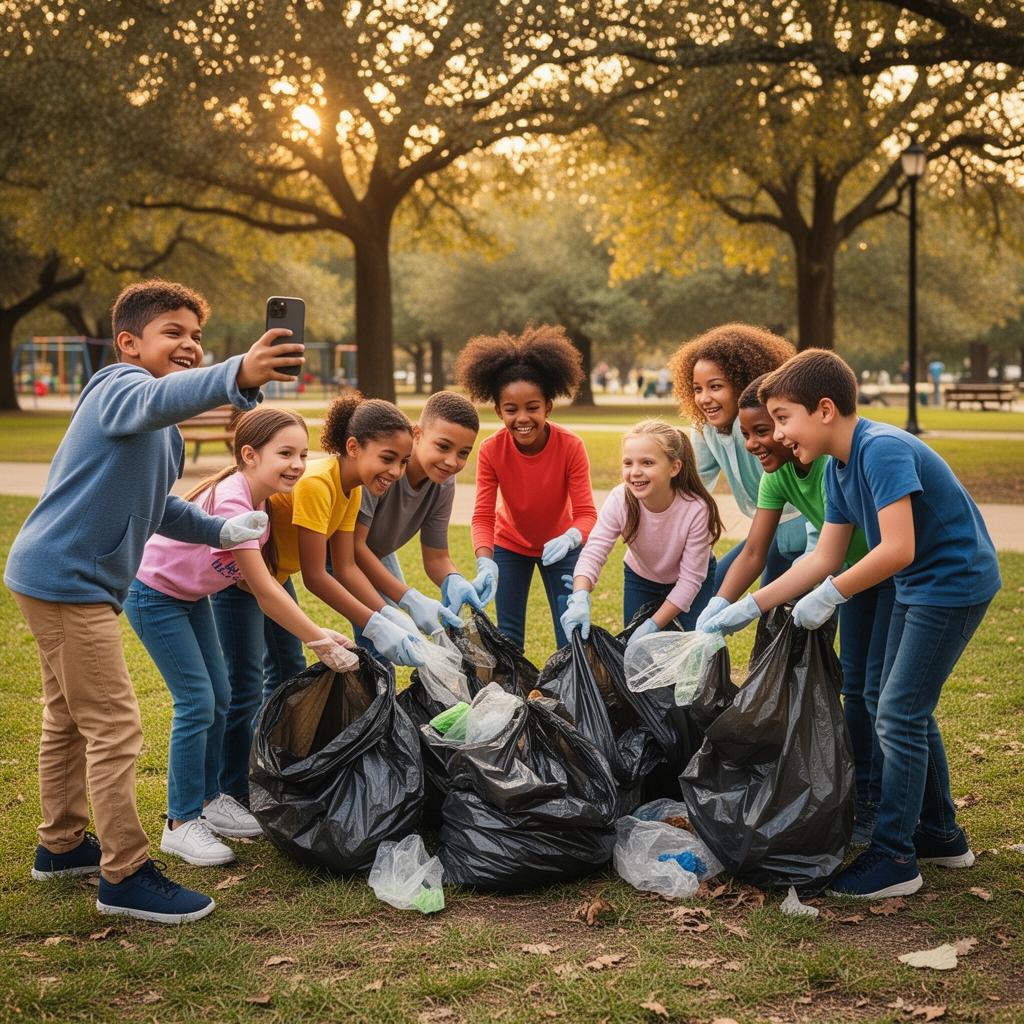 Diverse group of kids filming a video while picking up litter together in the park