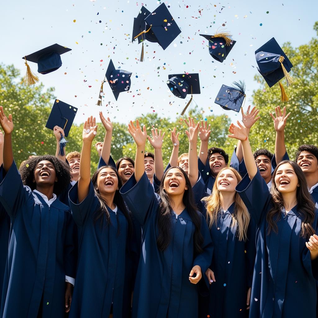 A diverse group of teens tossing graduation caps in the air with confetti
