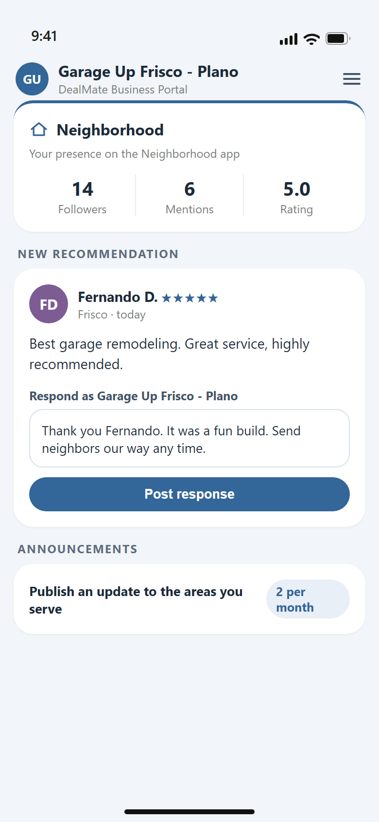 The DealMate Business Portal Neighborhood card where Garage Up Frisco responds to a resident recommendation
