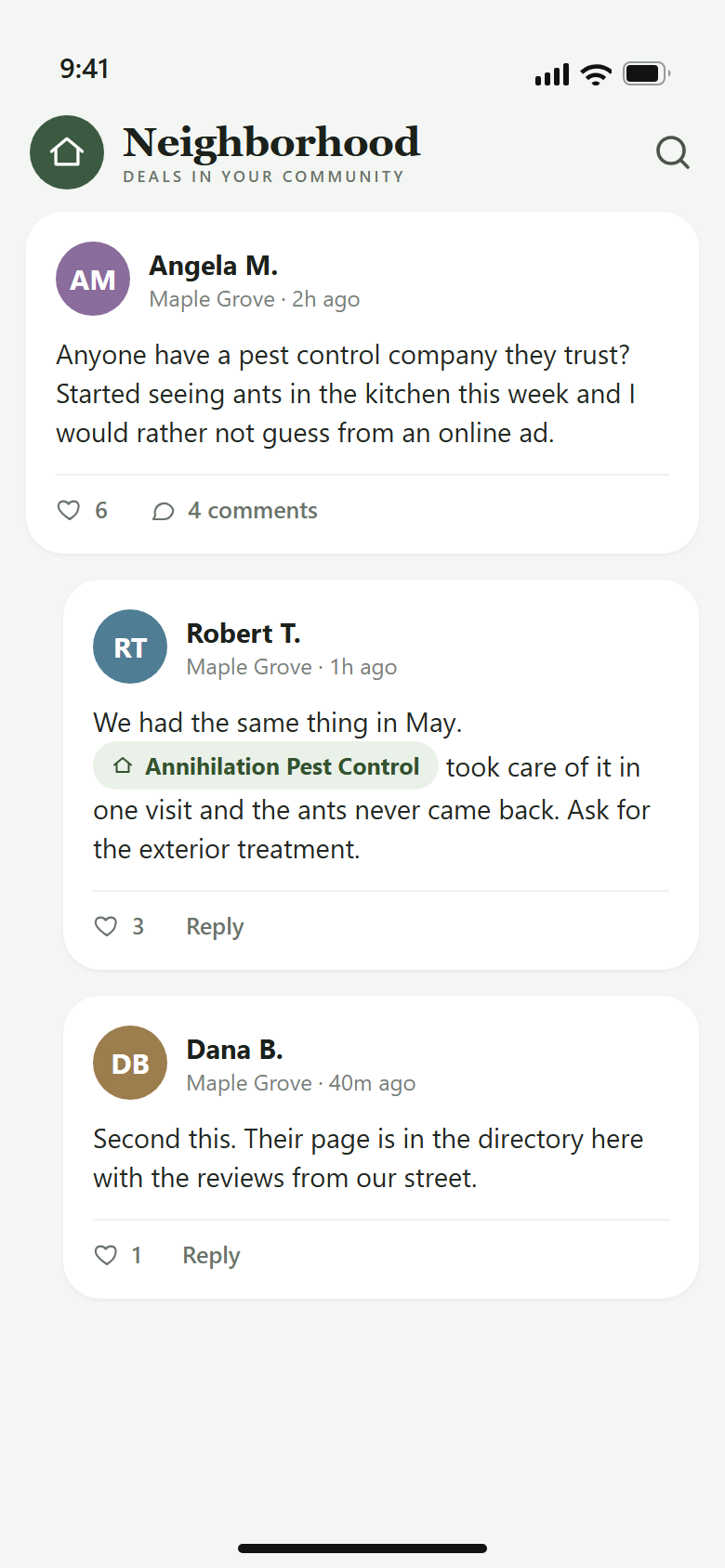 A resident asks for a pest control recommendation and a neighbor tags Annihilation Pest Control in a comment